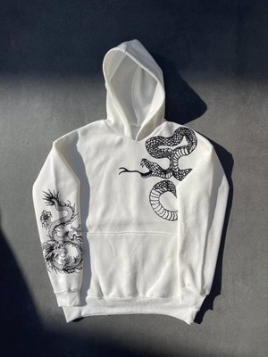 Tarz Yeri Uzun Kol Kapüşonlu Baskılı SweatShirt - Beyaz