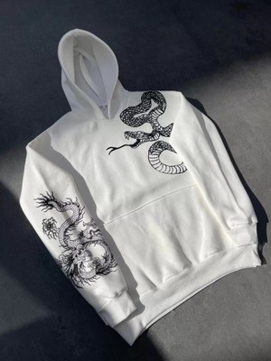 Tarz Yeri Uzun Kol Kapşonlu Baskılı Sweatshirt - Beyaz