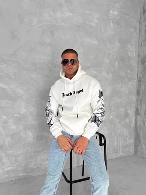 Tarz Yeri Üç Iplik Uzun Kol Kapşonlu Baskılı Sweatshirt - Beyaz