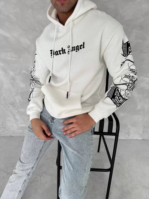 Tarz Yeri Üç Iplik Uzun Kol Kapşonlu Baskılı Sweatshirt - Beyaz