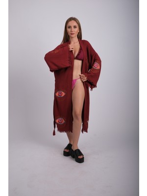 Bordo Ağaç Baskı Mistik Göz Desenli Kuşaklı Üç Kat Müslin Kimono , Sabahlık , Bornoz