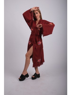 Bordo Ağaç Baskı Mistik Göz Desenli Kuşaklı Üç Kat Müslin Kimono , Sabahlık , Bornoz