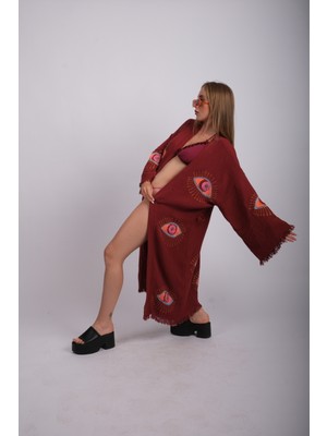 Bordo Ağaç Baskı Mistik Göz Desenli Kuşaklı Üç Kat Müslin Kimono , Sabahlık , Bornoz