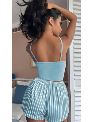 Stilim Trend Saten Mavi Ince Askılı 2li Şortlu Saten Kadın Pijama Takımı