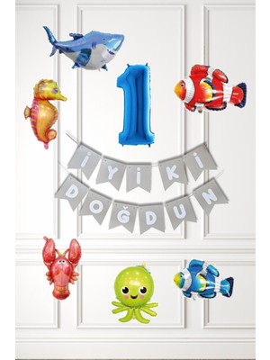 Pekshop Su Altı Canlıları Doğum Günü Balon Süsleme Seti Bannerlı Yaş Balonlu Deniz Canlıları Balon Paketi