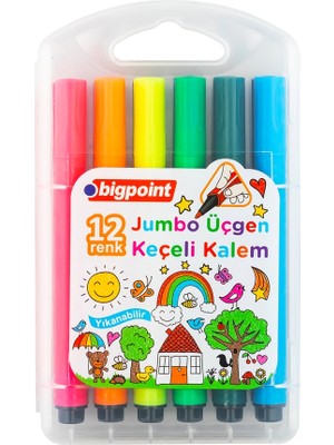 Bigpoint | Jumbo Üçgen Keçeli Kalem Seti, Su Bazlı Kolay Temizlenebilir, 12 Farklı Renkli Set