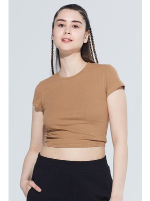 Comm-Ci Skye Bisiklet Yaka Ribanalı Kısa Kollu Örme Crop T-Shirt 1032