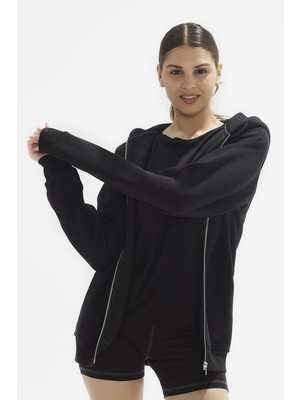 Comm-Ci Ela Kapüşonlu 2 İplik Fermuar Detaylı Loose Fit Örme Sweatshirt 1051