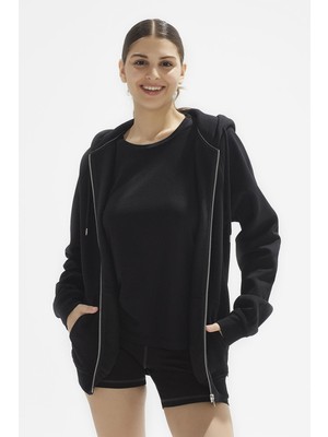 Comm-Ci Ela Kapüşonlu 2 İplik Fermuar Detaylı Loose Fit Örme Sweatshirt 1051