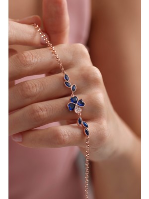 Nereze 925 Ayar Gümüş Rose Kaplama Doç Zincir Mavi Taşlı Yonca Bileklik