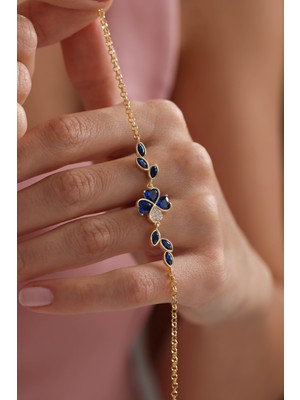 Nereze 925 Ayar Gümüş Gold Kaplama Doç Zincir Mavi Taşlı Yonca Bileklik