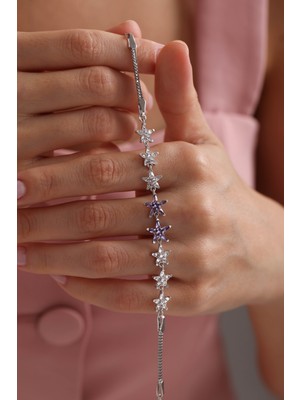 Nereze 925 Ayar Gümüş Rodyum Kaplama Mor Taşlı Sıralı Lotus Çiçeği Bileklik