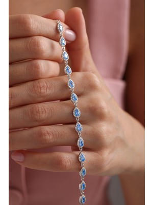 Nereze 925 Ayar Gümüş Rodyumlu Sıralı Aquamarin Damla Taşlı Bileklik