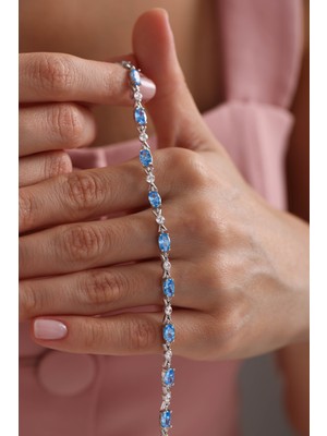 Nereze 925 Ayar Gümüş Rodyumlu Sıralı Aquamarin Oval Taşlı Bileklik