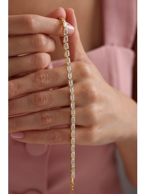 Nereze 925 Ayar Gümüş Gold Kaplama Baget Taşlı Suyolu Bileklik