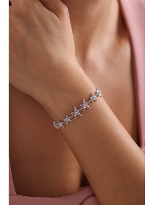 Nereze 925 Ayar Gümüş Rodyum Kaplama Pembe Taşlı Sıralı Lotus Çiçeği Bileklik