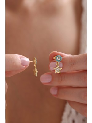 Nereze 925 Ayar Gümüş Gold Kaplama Minik Turkuaz Nazar Sallantılı Yıldız Küpe