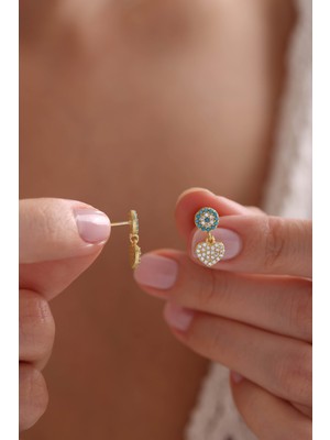 Nereze 925 Ayar Gümüş Gold Kaplama Minik Turkuaz Nazar Sallantılı Kalp Küpe