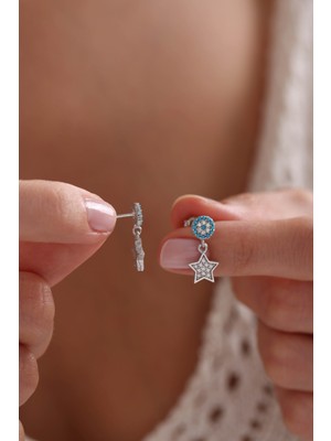 Nereze 925 Ayar Gümüş Rodyum Kaplama Minik Turkuaz Nazar Sallantılı Yıldız Küpe