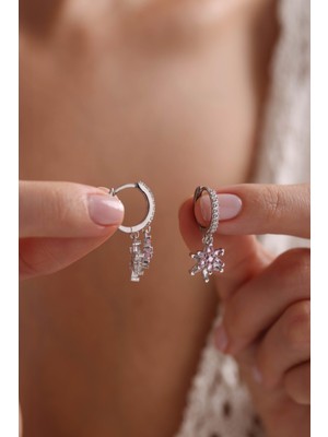 Nereze 925 Ayar Gümüş Rodyum Kaplama Sallantılı Pembe Taşlı Çift Lotus Çiçeği Küpe