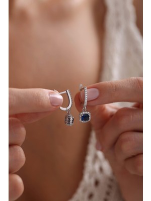 Nereze 925 Ayar Gümüş Rodyum Kaplama Sallantılı U Model Mavi Renk Kare Model Küpe