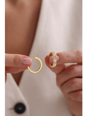 Nereze 925 Ayar Gümüş Gold Kaplama 20 mm Halka Baget Taşlı Küpe