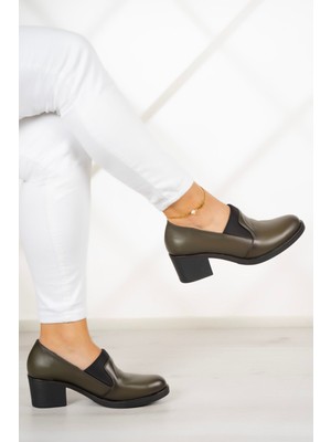 Erkan Saçmacı Alizee Haki Hakiki Deri Günlük Topuklu Ayakkabı
