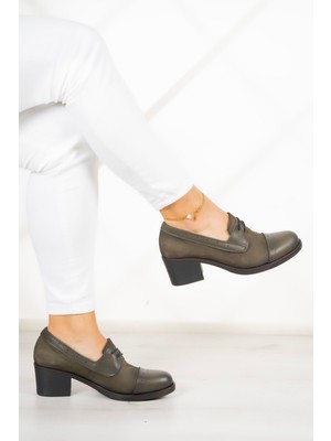 Erkan Saçmacı Mellody Haki Hakiki Deri Günlük Topuklu Ayakkabı
