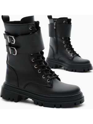 Tonny Black Kadın Siyah Cilt Termo Taban Yanı Çift Tokalı Cırtlı Bağcıklı ve Fermuarlı Bot