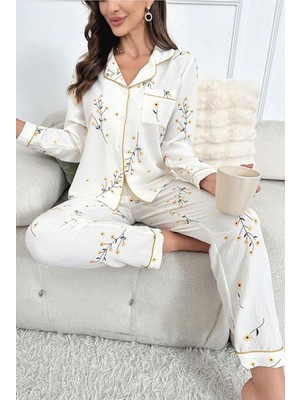 Bella Notte Çiçek Baskılı Cep Detaylı Düğmeli Günlük Uzun Pijama Takımı