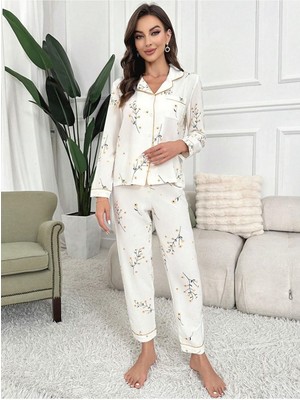 Bella Notte Çiçek Baskılı Cep Detaylı Düğmeli Günlük Uzun Pijama Takımı