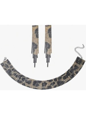 SE Jewellery Gold Leopar Desenli Taşlı Şık Sallantılı Küpe Choker Kolye Set