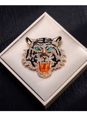 SE Jewellery Gold Zirkon Taş Detaylı Kaplan Tiger Gösterişli Broş