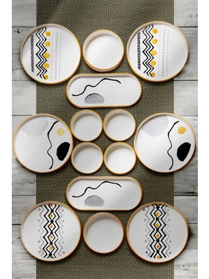 14 Parça 6 Kişilik Axial  Stackable Kahvaltı Takımı - Lüx Kahvaltılık Sunum Seti Tabağı