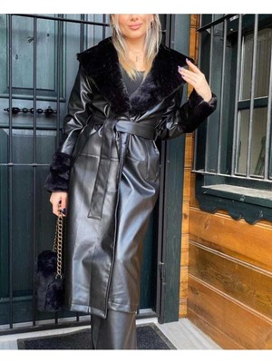 Vess Moda Kürklü Uzun Deri Kadın Trençkot