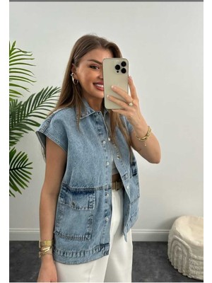 Vess Moda Kadın Salaş Mavi Jean Kot Yelek Lüx Kalite Kısa Kol V Yaka Standart Kesim