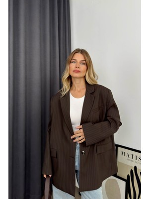 Kahverengi Mavi Çizgili Oversize Blazer Ceket