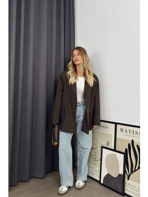 Kahverengi Mavi Çizgili Oversize Blazer Ceket