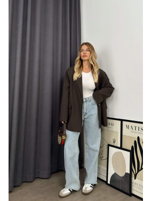 Kahverengi Mavi Çizgili Oversize Blazer Ceket