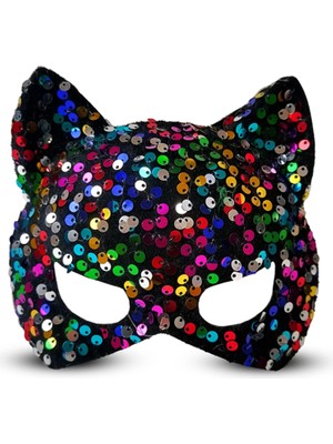 Çerçici Siyah Kadife Kumaş Üzerine Rengarenk Payetli Pullu Parti Maskesi 16X14 cm