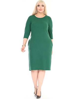 Çift Cepli Kışlık Büyük Beden Esnek Yeşil Elbise 12C-2607