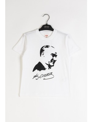 Atatürk Baskılı Pamuklu Bisiklet Yaka Kısa Kollu Tören 29 Ekim 10 Kasım Erkek ve Kız Çocuk T-Shirt