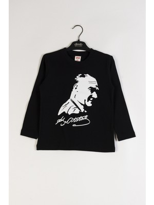 Atatürk Baskılı Pamuklu Bisiklet Yaka Uzun Kollu Tören 29 Ekim 10 Kasım Erkek ve Kız Çocuk T-Shirt