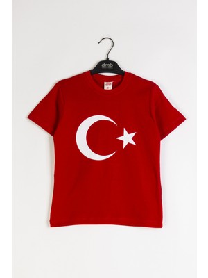 Dmb Boys & Girls Ay ve Yıldız Baskılı Pamuklu Kırmızı Kısa Kollu Tören 29 Ekim 10 Kasım Erkek ve Kız Çocuk T-Shirt