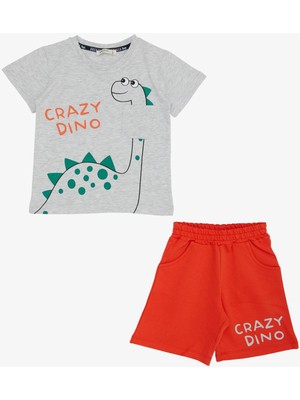 Breeze Erkek Çocuk Şortlu Takım Çılgın Dinozor Baskılı 1.5-5 Yaş, Açık Gri Melanj