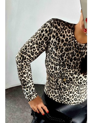 Butik Gardrop Yumoş Kumaş Bisiklet Yaka Leopar Kadın Bluz Leopar