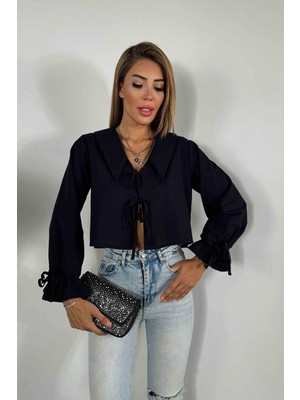 Butik Gardrop Keten Karışımlı Önü Bağlamalı Crop Gömlek Siyah