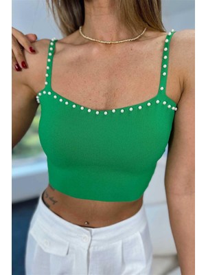 Incili Triko Crop Top Yeşil