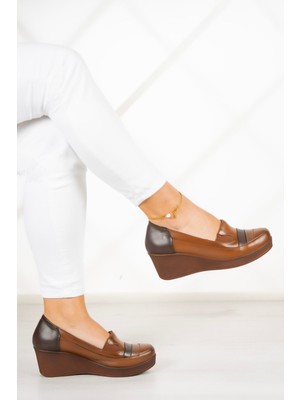 Erkan Saçmacı Anya Kadın Taba Deri Dolgu Topuklu Ayakkabı Kaydırmaz Taban ile Günlük Kullanım İçin