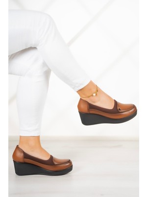 Erkan Saçmacı Priscilla Kadın Taba Deri Dolgu Topuklu Günlük Ayakkabı Kaydırmaz Taban Özelliği ile